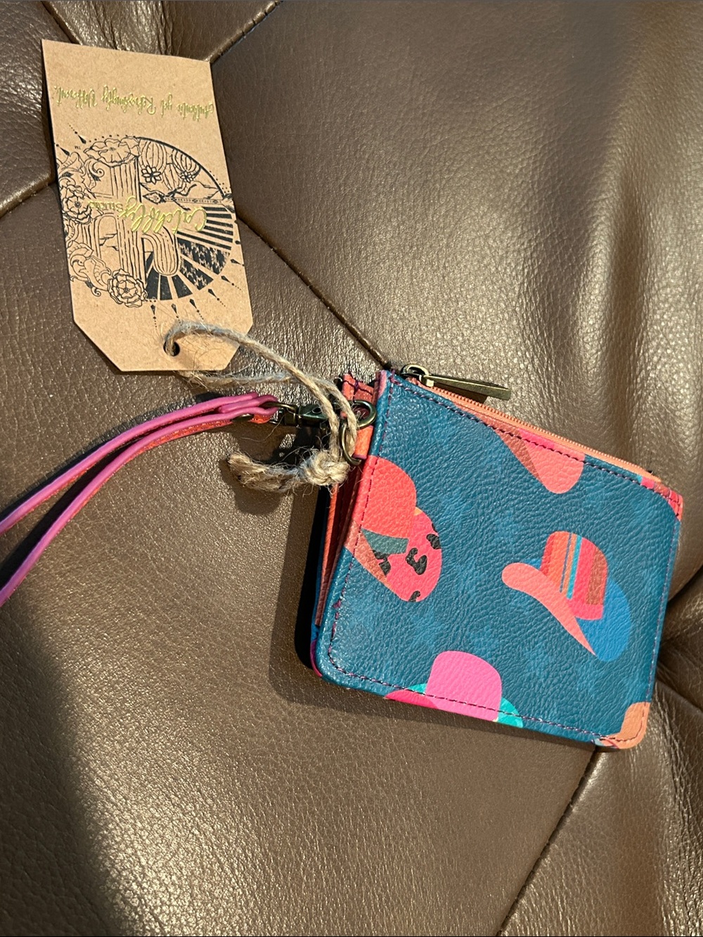 NWT Catchfly Studio Women’s Teal Multi Hat Print Zip Wallet